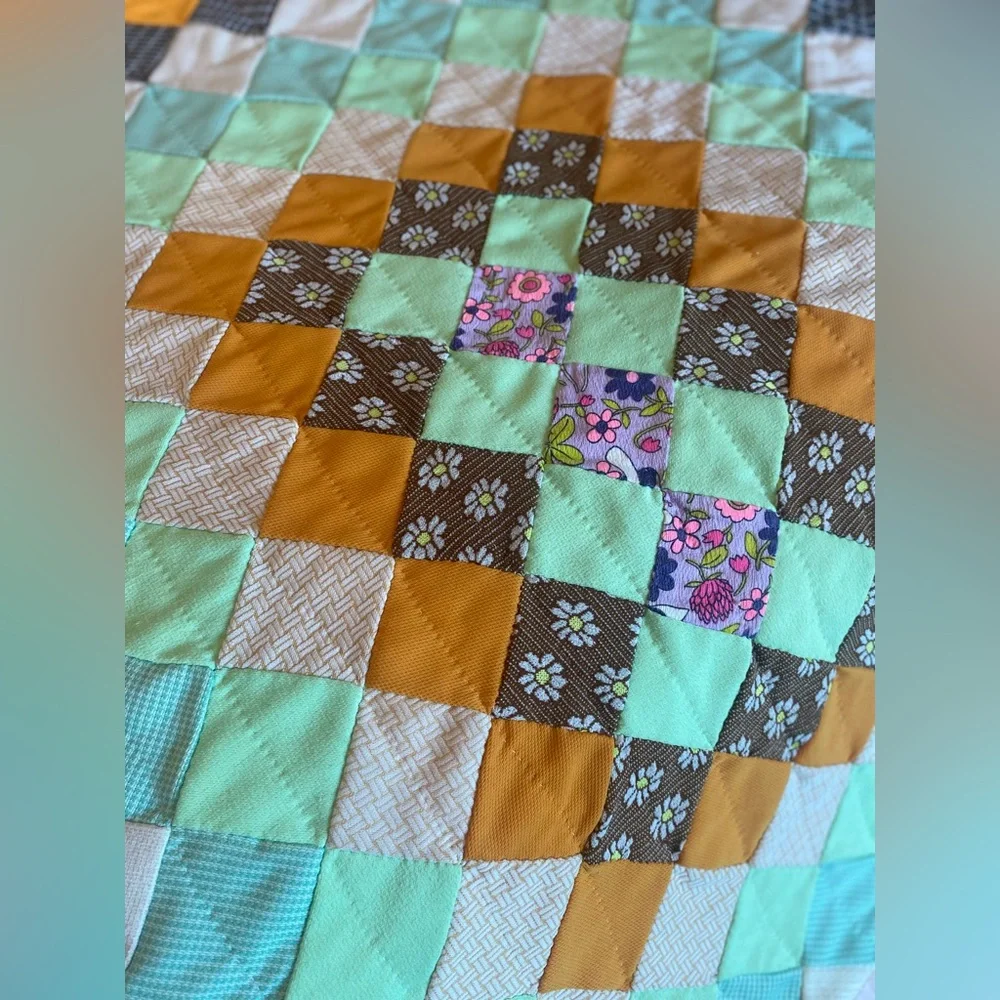 Handmade Multicolor Patchwork Quilt - Vibrant Checkerboard Bedding 99”/74”